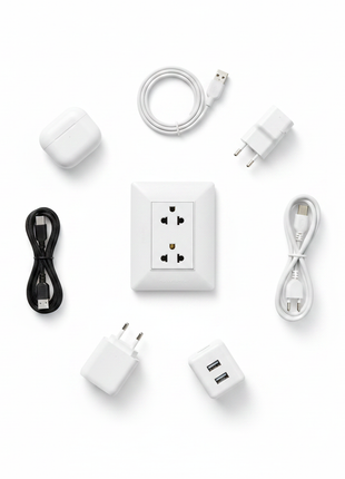Tomacorriente doble universal – flat lay con cables y enchufes – solución eléctrica para hogar y oficina

