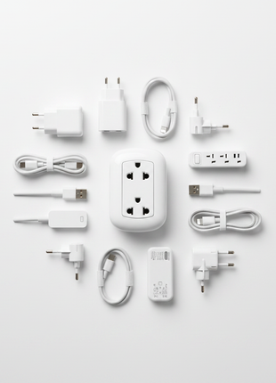 Tomacorriente doble Opalux – flat lay con cables y cargadores – solución eléctrica universal para hogar y oficina

