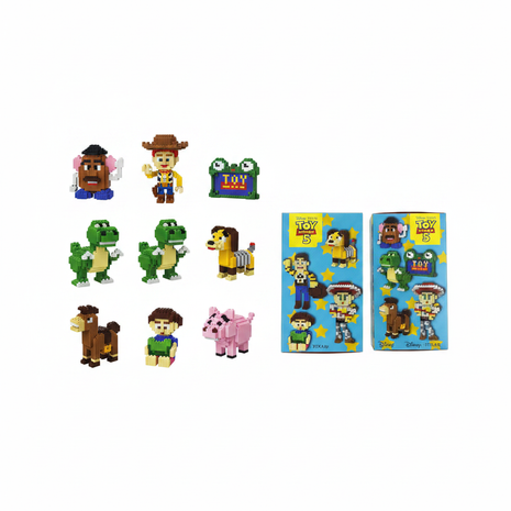 Toy Story 5 nano brick – flat lay con todas las figuras armadas – colección completa Disney Pixar