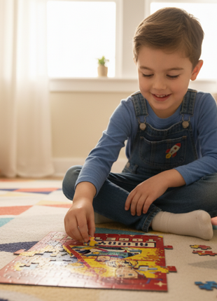 Toy Story 5 puzzle - niño armando rompecabezas con personajes Disney Pixar, juego educativo y divertido