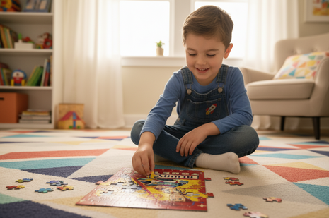 Toy Story 5 puzzle - niño armando rompecabezas con personajes Disney Pixar, juego educativo y divertido