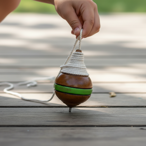 Niño lanzando trompo de madera en patio – juego clásico de coordinación motriz y destreza manual

