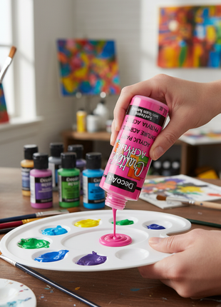 Artista usando pintura acrílica fucsia DecoArt sobre paleta, color vibrante para manualidades y decoración

