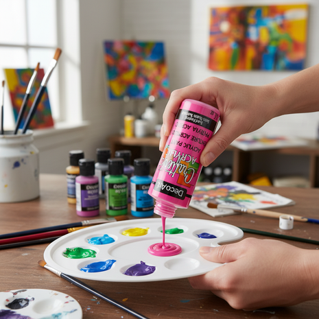 Artista usando pintura acrílica fucsia DecoArt sobre paleta, color vibrante para manualidades y decoración

