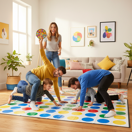 Twister Hasbro juego fiesta familiar posiciones divertidas equilibrio y risas en grupo