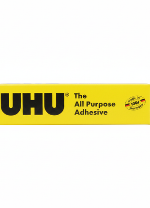UHU All Purpose Adhesive – pegamento multiusos en caja amarilla original – adhesivo versátil para papel, tela, cuero y manualidades

