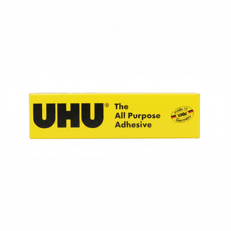 UHU All Purpose Adhesive – pegamento multiusos en caja amarilla original – adhesivo versátil para papel, tela, cuero y manualidades

