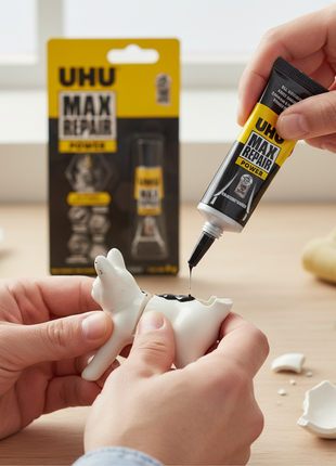 UHU Max Repair Power aplicado en reparación de cerámica y goma – adhesivo de máxima potencia para reparaciones difíciles – Envíos express

