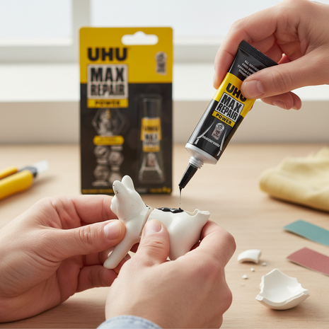 UHU Max Repair Power aplicado en reparación de cerámica y goma – adhesivo de máxima potencia para reparaciones difíciles – Envíos express

