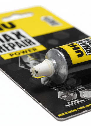 UHU Max Repair Power detalle de boquilla y etiqueta – adhesivo de máxima resistencia para reparaciones profesionales – Envíos express