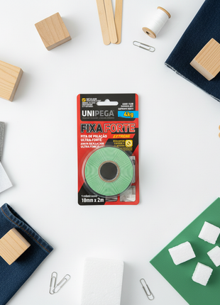 Unipega Fixa Forte – cinta adhesiva espuma blanca multiusos – compatible con madera, tela y espuma – liner verde removible

