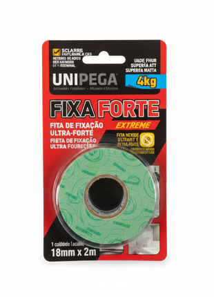 Unipega Fixa Forte – cinta doble faz espuma blanca con liner verde – fijación ultra fuerte – 19mm x 2m – Envíos express

