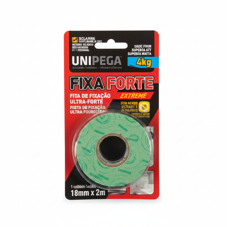 Unipega Fixa Forte – cinta doble faz espuma blanca con liner verde – fijación ultra fuerte – 19mm x 2m – Envíos express

