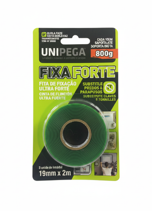 Unipega Fixa Forte – cinta doble faz transparente con liner verde – fijación ultra fuerte 800g – 19mm x 2m – Envíos express

