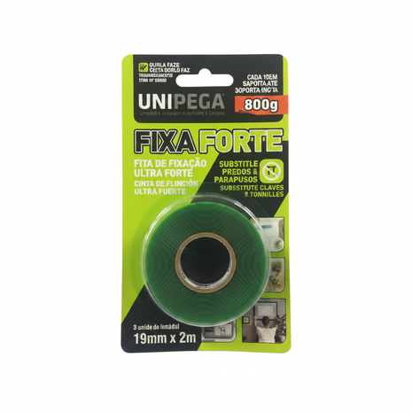 Unipega Fixa Forte – cinta doble faz transparente con liner verde – fijación ultra fuerte 800g – 19mm x 2m – Envíos express

