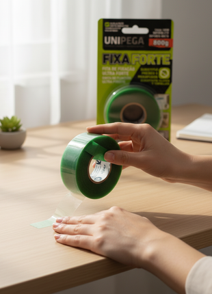 Unipega Fixa Forte – aplicación cinta doble faz transparente – fijación sin tornillos – uso hogar y oficina

