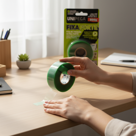Unipega Fixa Forte – aplicación cinta doble faz transparente – fijación sin tornillos – uso hogar y oficina

