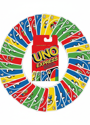 Flat lay UNO Express Mattel con cartas de colores desplegadas – juego compacto para viajes y reuniones

