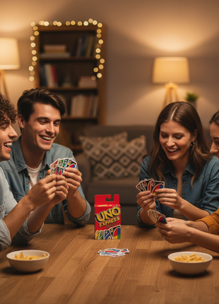 Amigos jugando UNO Express Mattel en reunión – partidas rápidas e intensas para toda la familia

