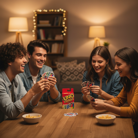 Amigos jugando UNO Express Mattel en reunión – partidas rápidas e intensas para toda la familia

