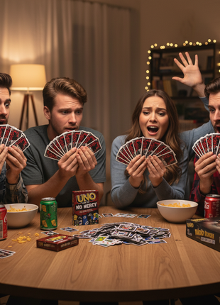Amigos jugando UNO No Mercy con mazo grande – partidas épicas e intensas para toda la familia

