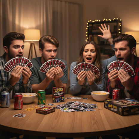 Amigos jugando UNO No Mercy con mazo grande – partidas épicas e intensas para toda la familia

