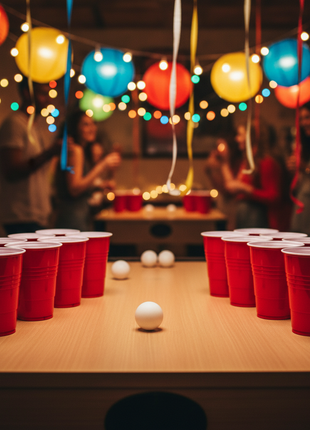 Vasos rojos Darnel en formación triangular Beer Pong con pelotas de ping pong – set completo para fiestas y eventos

