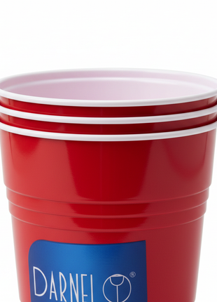 Macro vasos rojos plástico resistente Darnel apilados – calidad premium para Beer Pong y reuniones

