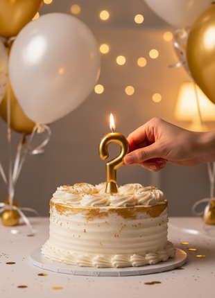 Vela "?" dorada Olego encendida en torta de cumpleaños sorpresa – decoración festiva dorada y blanca

