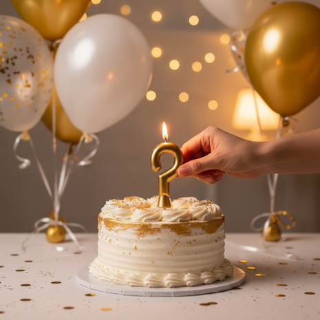 Vela "?" dorada Olego encendida en torta de cumpleaños sorpresa – decoración festiva dorada y blanca

