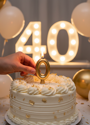Vela número 0 dorada encendida en torta de cumpleaños – ideal para celebrar décadas y números redondos

