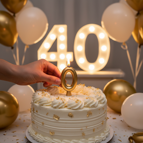 Vela número 0 dorada encendida en torta de cumpleaños – ideal para celebrar décadas y números redondos

