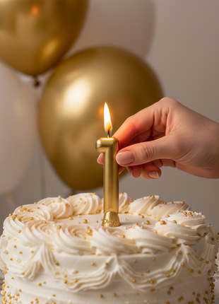 Vela número 1 dorada Olego encendida en torta de primer cumpleaños – decoración festiva dorada y blanca

