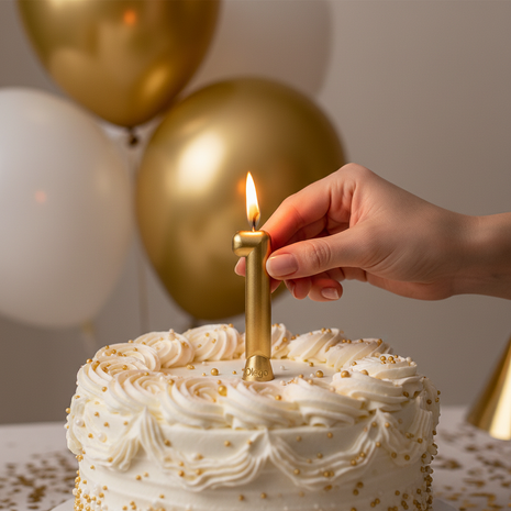 Vela número 1 dorada Olego encendida en torta de primer cumpleaños – decoración festiva dorada y blanca


