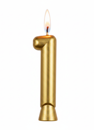Macro vela número 1 cromada dorada Olego encendida – acabado metálico brillante para tortas y celebraciones

