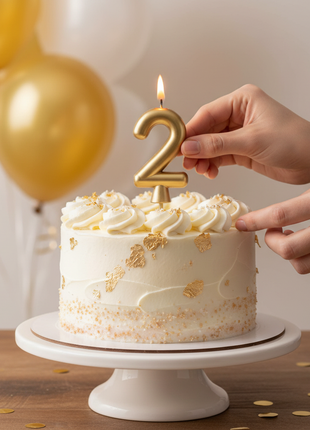Vela número 2 dorada Olego encendida en torta de segundo cumpleaños – decoración festiva dorada y blanca

