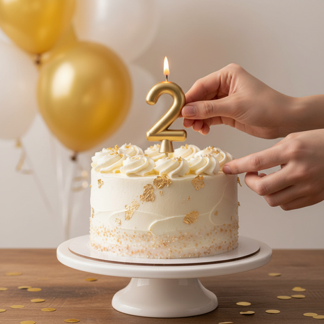 Vela número 2 dorada Olego encendida en torta de segundo cumpleaños – decoración festiva dorada y blanca

