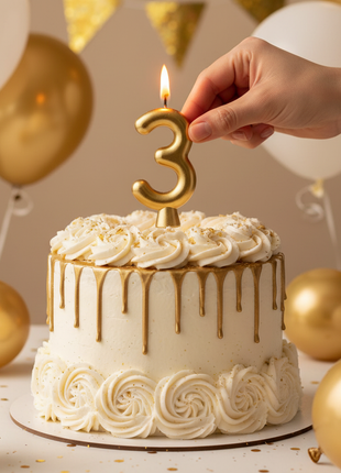 Vela número 3 dorada Olego encendida en torta de tercer cumpleaños – decoración festiva dorada y blanca

