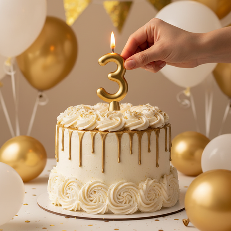 Vela número 3 dorada Olego encendida en torta de tercer cumpleaños – decoración festiva dorada y blanca

