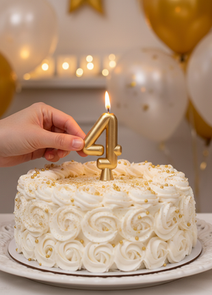 Vela número 4 dorada Olego encendida en torta de cuarto cumpleaños – decoración festiva dorada y blanca


