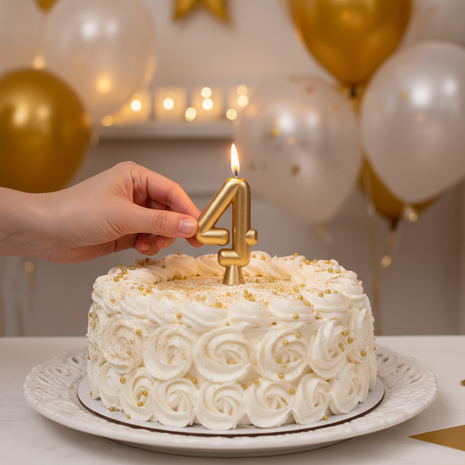Vela número 4 dorada Olego encendida en torta de cuarto cumpleaños – decoración festiva dorada y blanca

