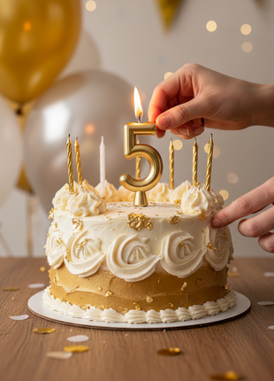 Vela número 5 dorada Olego encendida en torta de quinto cumpleaños – decoración festiva dorada y blanca

