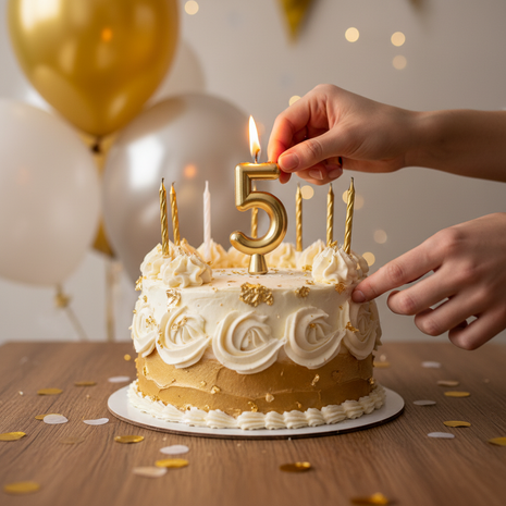 Vela número 5 dorada Olego encendida en torta de quinto cumpleaños – decoración festiva dorada y blanca

