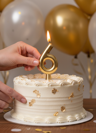 Vela número 6 dorada Olego encendida en torta de sexto cumpleaños – decoración festiva dorada y blanca

