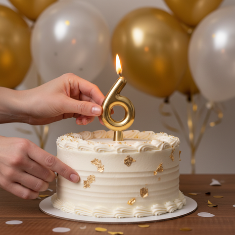 Vela número 6 dorada Olego encendida en torta de sexto cumpleaños – decoración festiva dorada y blanca

