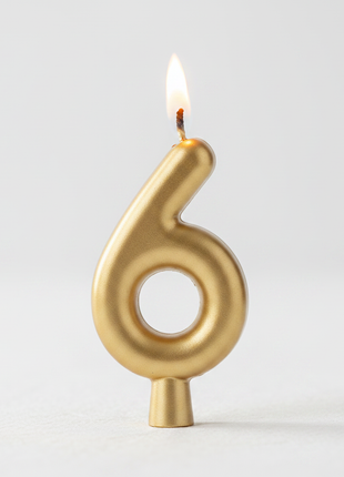 Macro vela número 6 cromada dorada Olego encendida – acabado metálico brillante para tortas y celebraciones


