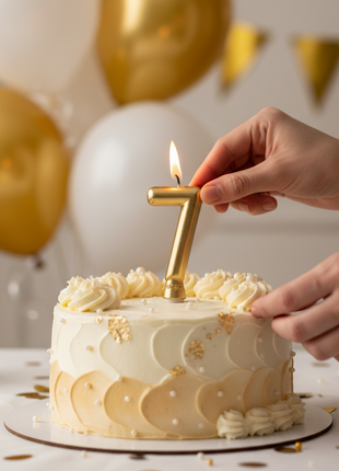 Vela número 7 dorada Olego encendida en torta de séptimo cumpleaños – decoración festiva dorada y blanca

