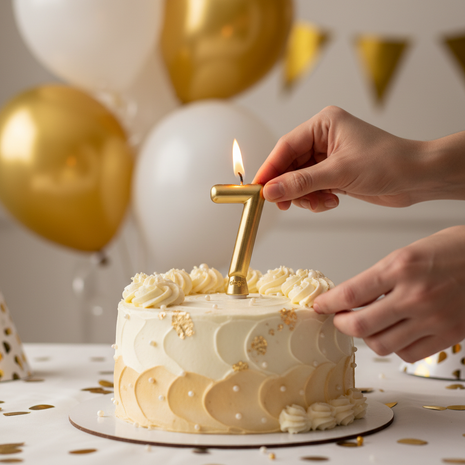 Vela número 7 dorada Olego encendida en torta de séptimo cumpleaños – decoración festiva dorada y blanca

