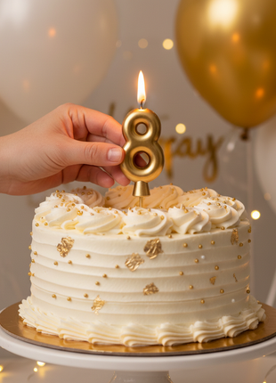 Vela número 8 dorada Olego encendida en torta de octavo cumpleaños – decoración festiva dorada y blanca

