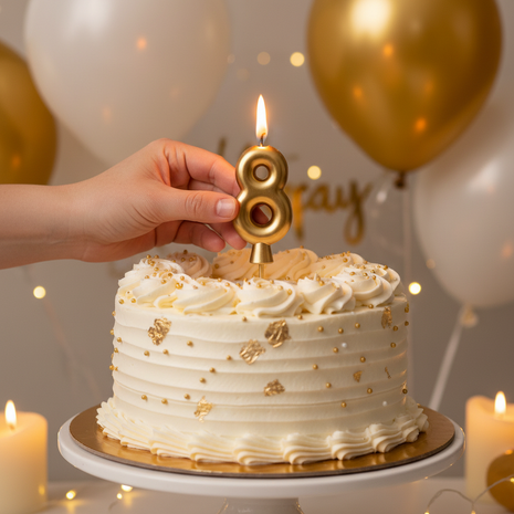 Vela número 8 dorada Olego encendida en torta de octavo cumpleaños – decoración festiva dorada y blanca

